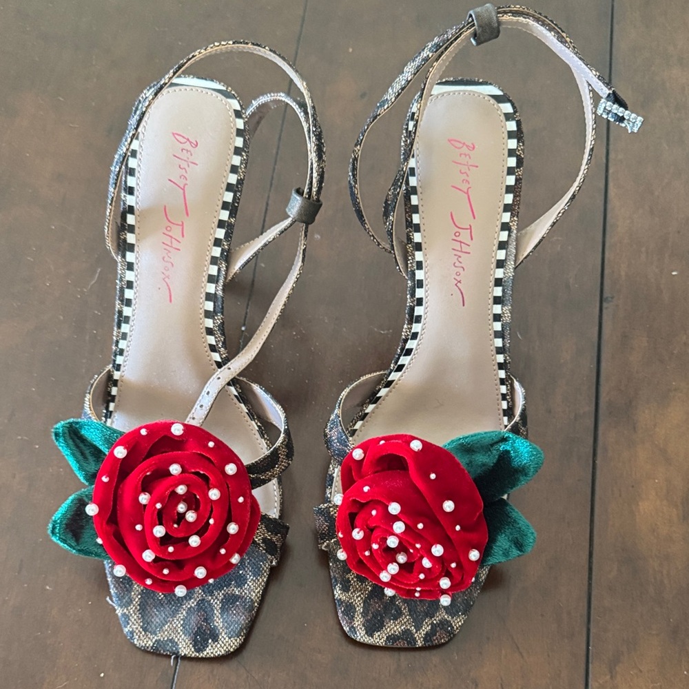 Betsey Johnson Leopard Heels with Red Floral Accent